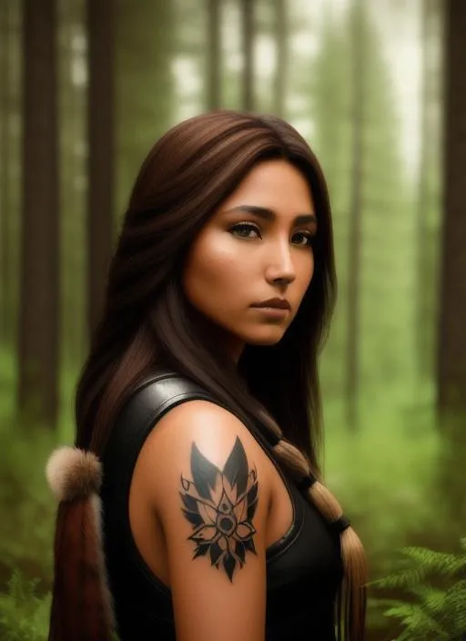 Prompt: Native american woman, tainted, tattoo, chestnut brown hair, forest, leather armor, animals, spirit, ghost, photorealistic, 8k