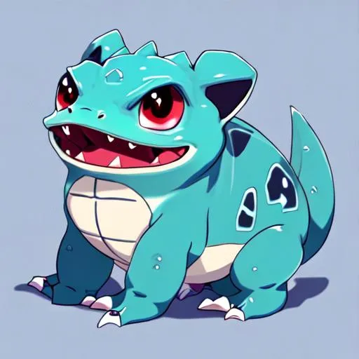 Prompt: HD, High Quality, 5K, Anime, Bulbasaur, small quadrupedal amphibian,  blue skin with darker patches, It has red eyes with white pupils, pointed, ear-like structures on top of its head, and a short, blunt snout with a wide mouth. A pair of small, pointed teeth are visible in the upper jaw when its mouth is open. Each of its thick legs ends with three sharp claws. On Bulbasaur's back is a green circular plant bulb that conceals two slender, tentacle-like vines, which is grown from a seed planted there at birth. The bulb also provides it with energy through photosynthesis as well as from the nutrient-rich seeds contained within, forest, Pokémon by Frank Frazetta