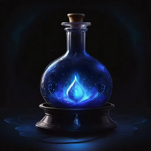 Prompt: A digital art of a magic blue magic potion in the middle center of a pitch black background by Greg Rutkowski