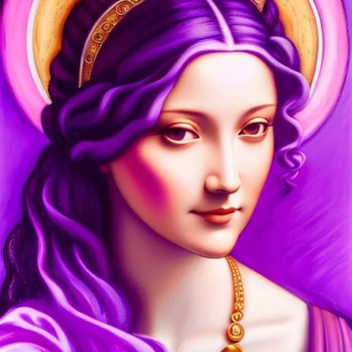 Prompt: A portrait of a woman in the style of Leonardo De Vinci wearing purple c!othes, pastel background