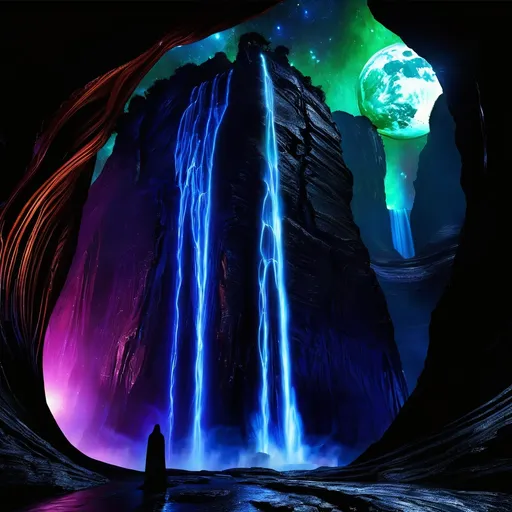 Prompt: An awe-inspiring alien landscape on the planet Vyrathis, centered around a colossal, otherworldly waterfall. The water is a black luminous fluid (liquid light:2.0), flowing powerfully over the cliff’s edge in dynamic, fluid motion. The inky black stream shimmers with faint, iridescent highlights, glowing faintly as it cascades downward (hypnotic luminescence, glowing currents:1.9). Twisting eddies and spiraling waves form as the liquid crashes into sharp, jagged obsidian rocks below (explosive mist, glowing black froth:1.8). The black liquid reflects the haunting glow of the dark sun (shadowy hues, radiant darkness:1.9), casting intricate patterns of light and shadow across the scene.
The cliffs and banks are adorned with bioluminescent flora (alien plant species, glowing with vibrant dark hues:2.0), emitting radiant colors such as electric blues, neon greens, fiery oranges, and deep purples. These plants glow softly, their light pulsating like a heartbeat, and their translucent leaves and tendrils sway gently, echoing the motion of the waterfall. Some vines and flowers cascade down the cliff face, intertwining with the black, luminous liquid, creating a mesmerizing contrast between glowing colors and shimmering darkness.
The alien fauna are sleek and ethereal, with glowing, bioluminescent patterns etched into their dark forms. Some creatures cautiously drink from the calmer black pools downstream (vivid reflections on liquid light:1.8), while others leap gracefully between glowing rocks or hover on faintly glowing wings (surreal, weightless motion:1.5). Their melodic, echoing calls harmonize with the roar of the waterfall, adding life and mystery to the landscape.
Behind the waterfall, a mysterious cave glows faintly (hidden chamber, radiant depths:1.9), partially obscured by the cascading black fluid. Its light shifts and pulsates like a living thing, hinting at ancient, otherworldly secrets hidden within. The composition is alive with dynamic motion, vivid contrasts of light and shadow, and the surreal beauty of liquid light flowing through an alien world, capturing the majesty, mystery, and scale of Vyrathis.