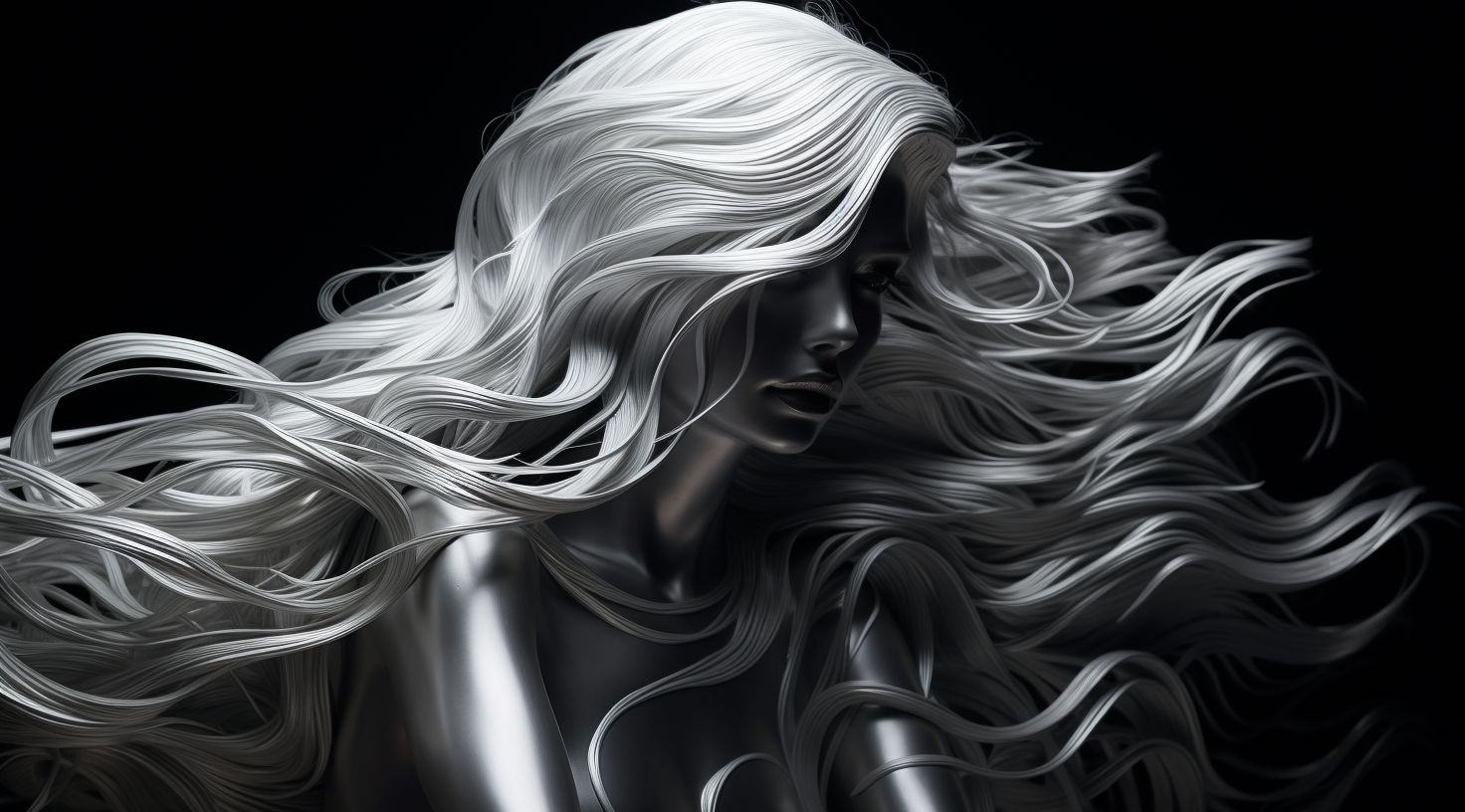 Prompt: a woman in a silver metalic wig sits near a black background, in the style of wavy lines and organic shapes, precise hyperrealism, large scale abstraction, auto body works, uhd image, new british sculpture, close-up shots