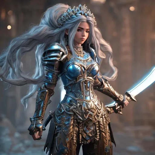 Prompt: Highly detailed european goddes unreal engine 10 with a large long  hair wearing a Platinum armor with a blue Thunder in her body carrying a doomed sword and fighting a war