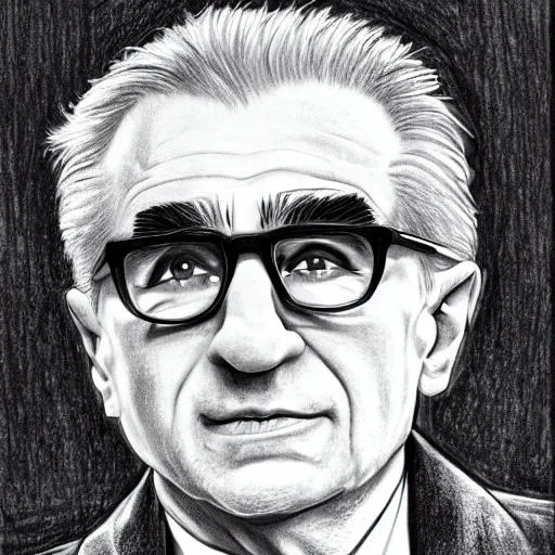 Prompt: Drawing of Martin Scorsese, director, hyperrealistic, black and white