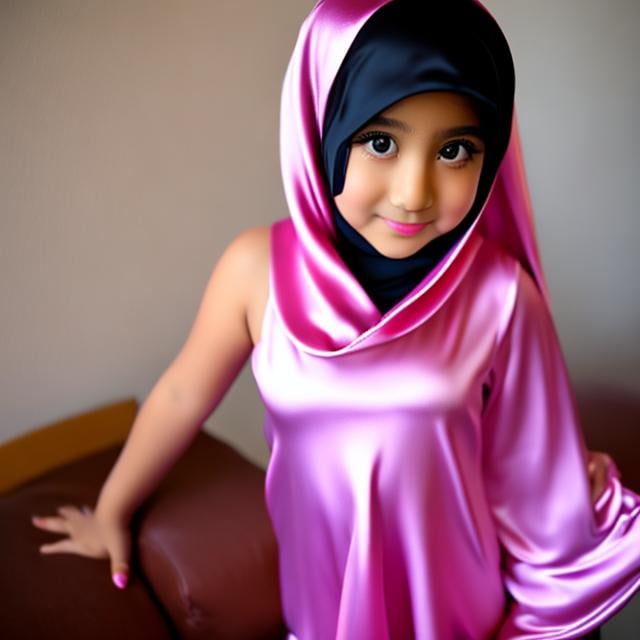 little hijab girl in satin clothes tight short