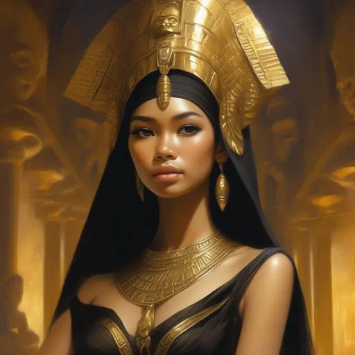 Prompt: pretty young Indonesian woman, (round face, high cheekbones, almond-shaped brown eyes, small delicate nose), wearing black and gold costume, Egyptian art by Bob Eggleton, trending on cg society, rococo, anime, ornate, fantasy