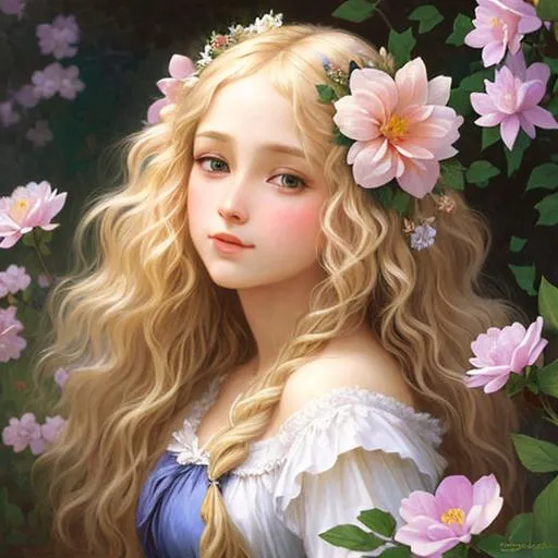 Prompt: Digital art painting of a ethereal, beautiful, fanciful, magical flower fairy with lovely, soft, long blonde hair  very ultra detailed in the style of Bouguereau,facial closeup