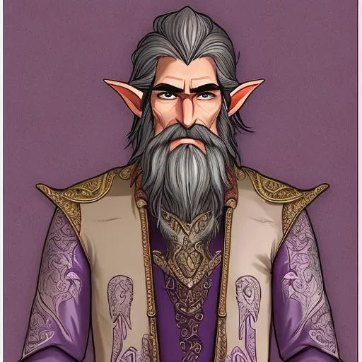 Prompt: A tall gruff Half-elven man with, an elaborate purple silk robe. A short greying, but well-kept beard adorns his chin. worn leather loafers on the verge of falling apart.