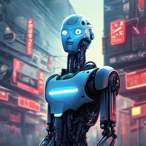 Prompt: robot without arm liking oil, neon lights, police lights, futuristic buldings, crime, persecution