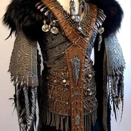 Prompt: A fantasy styled tribal garment with norse scalemail, furs along the edges and for padding underneath. various types of beads and designs in a native american style. Dominant color should be a sky blue and white outlines on top of black base. A long dagger slung on the right hip. A hand axe on the Left hip. longbow and quivers slung onto the back.