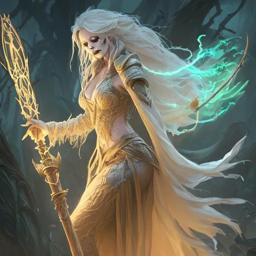Prompt: Full body splash art of a female undead sorceress casting a spell, very long dirty blonde hair, wearing long light-colored iridescent robe, carrying a wooden staff, D&D, fantasy, intricate, highly detailed, sharp focus, digital painting, artstation, concept art, 4k, 8k