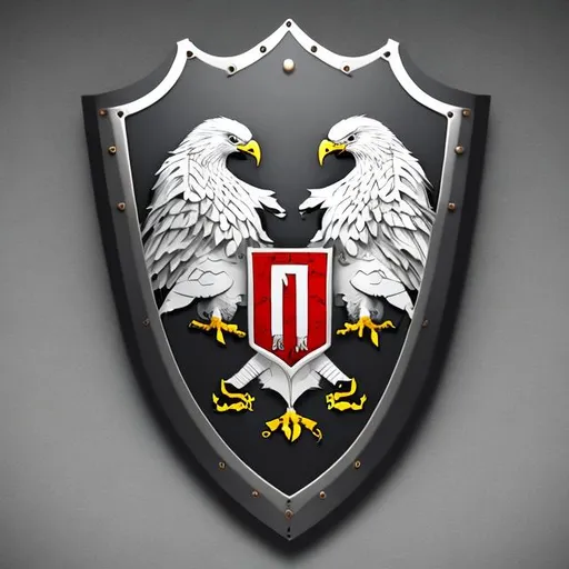 Prompt: Generate a coat of arms on a gray background with a shield featuring a white eagle.
