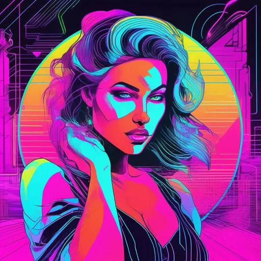 Prompt: a beautiful female demon in a dynamic pose in a retro futuristic synthwave neon paradise.  neon lighting, high quality, beautiful, masterpiece, artistic, synthwave, cyber, retro, futuristic