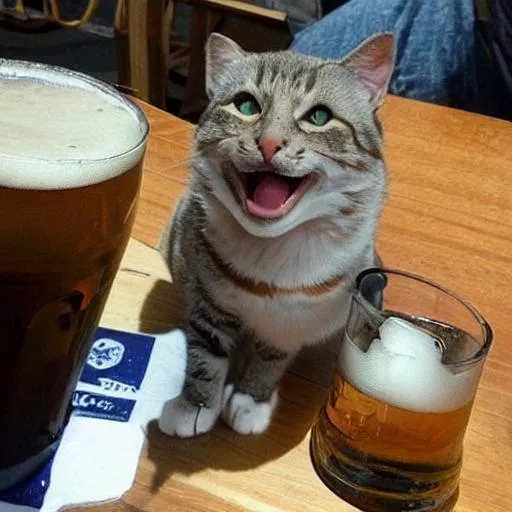 Prompt: cat drinking pint of beer