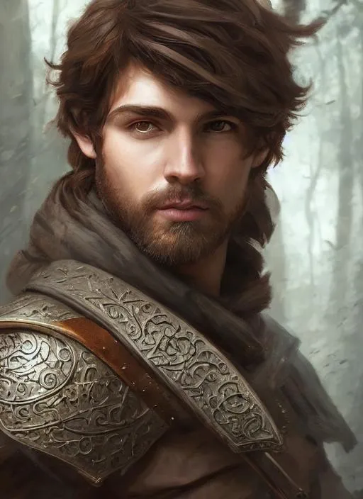 Prompt: Portrait of D&D character with brown hair and with a sculpted face, male, swordfighter, forest background, perfect composition, hyperrealistic, super detailed, 8k, high quality, trending art, trending on artstation, sharp focus, studio photo, intricate details, highly detailed, by greg rutkowski