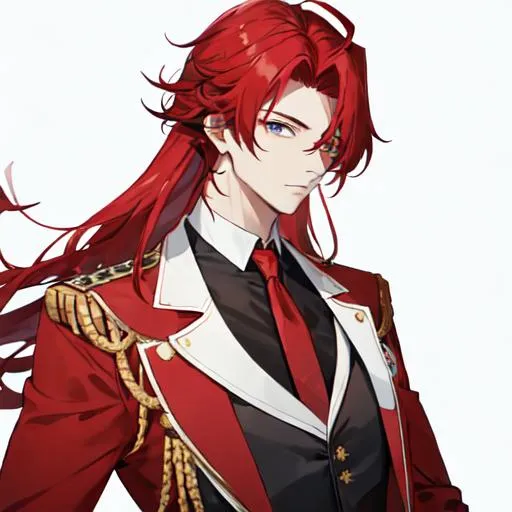 Prompt: Zerif 1male (Red side-swept hair covering his right eye) wearing a royal suit