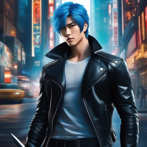 Prompt: anime character with blue hair and black leather jacket holding a sword, webtoons, photoreal details, kazuya takahashi, realistic portrait full body, photo style of shawn paul tan, vantablack gi, city hunter, netfilx !n-9, ben lo, korean idol, photorealistic, character close-up, still from the avengers, promotional poster, brown flowing hair, furr covering her chest, tactical squads :9, editorial photo from magazine, roof background, as a tarot card