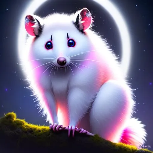 Prompt:  below view, 7 "color possum with a halo", glowing, realistic, spiked hair, fluffy, silky, furry, backlit, warm tones, night-sky, moss, indigo, cream, coral, bone-white, photorealistic eyes, : ornate, dynamic, particulate, intricate, elegant, highly detailed, centered, artstation, airbrush, acrylic on paper, volumetric lighting, occlusion, smooth, sharp focus, 128K UHD octane render .