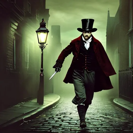 Prompt: In the style of a 19th century photograph, Jack the ripper running on a dark london street, menace, a lamp post, a dagger in his hand, in color