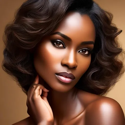 Prompt: portrait, long shot super detailed lifelike illustration, brown skin lady, black hair, beautiful face, dark aesthetic, realistic face, large realistic eyes, smooth soft skin, soft lighting, perfect ratio, symmetrical face, intricate artwork, highly detailed, perfect composition, sharp focus, Wider faced, broad nose, African American, mahogany skin, shoulder length curled gold/blonde hair with white shimmer, Hair in regal updo, green eyes, small doe eyes, upward turned almond eyes, pitying expression, smiling, manga style, wide two toned lips, darker upper lip, overweight, fat, pear shaped body, wide hips, small chest, small feet, darker complexion, arms out towards camera palm up, arms  beckoning, long flowing dress, white, gold, and red dress, low v sweetheart neckline, strapless, full body, by choo hye yep, Mangle, POYO, 