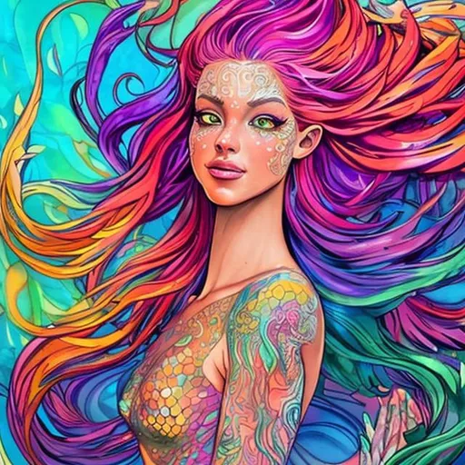 Prompt: Vibrant and colorful art of an  of mermaids, with long, flowing hair and tails that shimmer in the sunlight with a man . 
realistic detail.