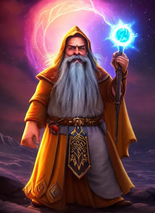 Prompt: Portrait of Warcraft Gnome Wizard with Greying hair and with cute face, supernova night sky background, perfect composition, hyperrealistic, super detailed, 8k, high quality, trending art, trending on artstation, sharp focus, studio photo, intricate details, highly detailed