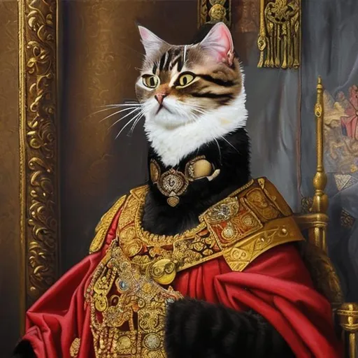 Prompt: An oil painting of a cat dressed as a emperor
