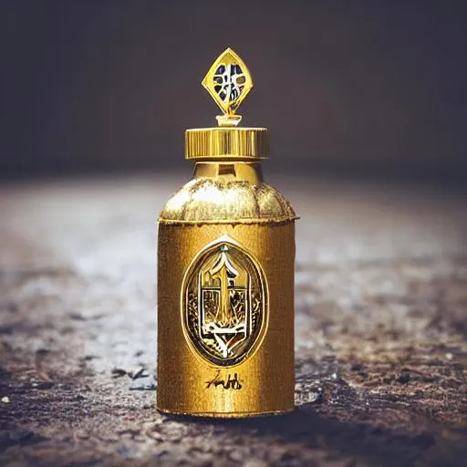 Prompt: holy water capped in a gold embedded bottle, half-realistic art style