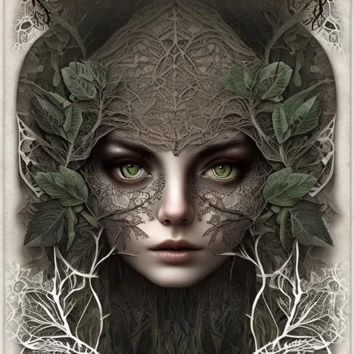 Prompt: Owl faced woman, forest, black lace leaves, white babkground. Intricate, detailed, Christian Schloe