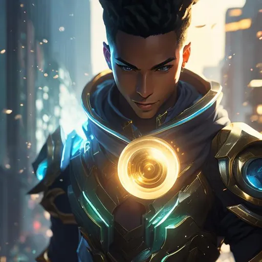 Prompt: upper torso portrait of league of legend's Ekko as male time thief, soft lighting, perfect composition, cinematic, video game trailer, dramatic, detailed painting, 8k, octane render, by makoto shinkai, stanley artgerm lau, wlop, rossdraws, concept art, digital painting, looking into camera,