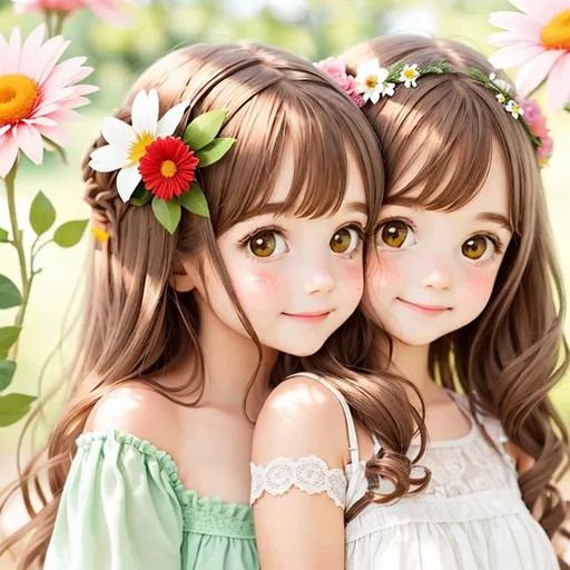 Prompt: two  cute girls, flowers in hair
