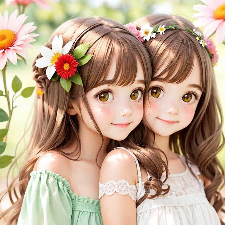 two cute girls, flowers in hair