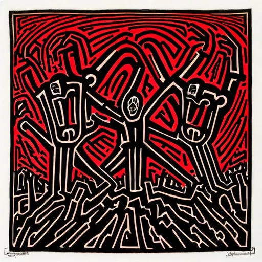 Prompt: Keith Harring Inspired horror Art in black and red