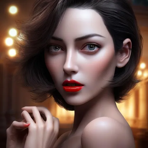 Prompt: 4k 3D professional modeling photo live action human woman hd hyper realistic beautiful british woman black and white hair fair skin brown eyes beautiful face red lips fur coat luxury landscape hd background with live action mansion