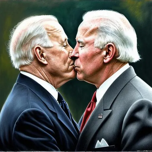 Prompt: Hitler kissing Joe Biden, Real, Detailed, No Imperfections, Deviantart, HDR, Concept Art, Romanticism, Hyperrealism, Impressionism