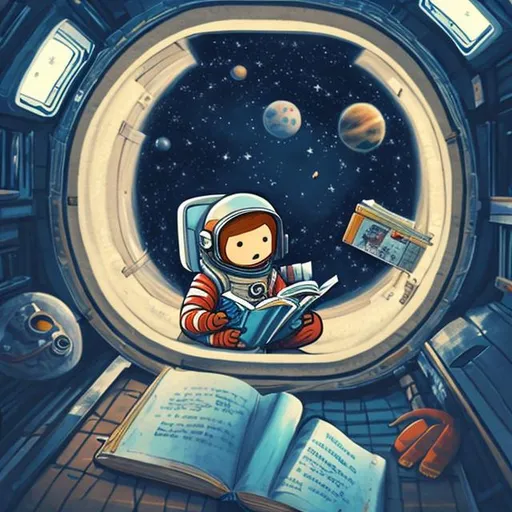 Prompt: Astronaut reading book sitting in a space station, stars shining from window