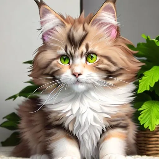Prompt: fluffy maine coon cat, ginger fur, detailed fur, sand colored markings, fluffy white paws, detailed large eyes, purple eyes, scar on nose, has a small frog green frog on its head, highly detailed face, highly detailed fur, highly detailed, cute, adorable.