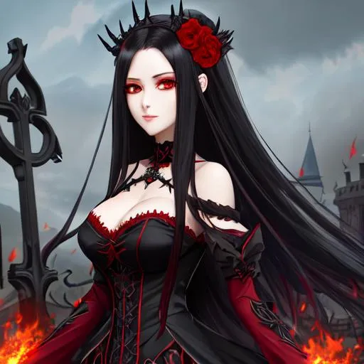 Prompt: Bride of Eternal Pain, Blazing Red_Eyes, Highly Detailed Witch, total red death, Flowing Black_Hair, Anime, black_dress, blackened heart, black_hair, she torments all, velvet, crosses, elegant sophistication, realm of Hades, Mistress of Lies, Corpse Girl, Immortal,