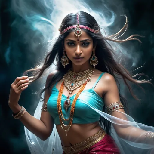 Prompt: Ghost of an Indian dancer in fantasy art style, ethereal and transparent figure, flowing traditional attire, intricate jewelry with glowing gemstones, haunting and mesmerizing gaze, supernatural aura, misty atmosphere, vibrant and rich color palette, glowing and ethereal lighting, high quality, fantasy art, Indian dancer, transparent figure, flowing attire, glowing jewelry, haunting gaze, supernatural, misty atmosphere, vibrant colors, ethereal lighting