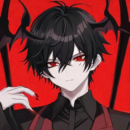 Prompt: Damien as a demon (male, short black hair, red eyes) in a prison outfit
