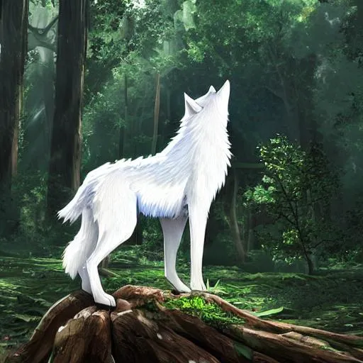 Prompt: highly detailed digital art of a magestic white wolf standing on an overgrown fallen tree trunk, lush surroundings, sunshine, kimi no na wa, trending on artstation, tranquil, concept art