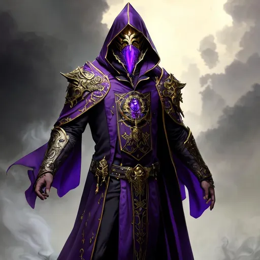 Prompt: high-quality high-detail highly-detailed breathtaking Villen ((by Aleksi Briclot and Stanley Artgerm Lau)) - ((a warlock)), hooded purple detailed warlock ornate robes casting smoke in hands, flying, smoke in feets, glowing, highly detailed vintage brass mime mask, add some purple smoke in his hands, glowing chest emblem , smooth detailed shoulder plates, detailed ivory, full body, fantasy robes,, wearing mime mask, 8k,  full form, detailed library setting, full form, epic, 8k HD, ice, sharp focus, ultra realistic clarity. Hyper realistic, realistic, close to perfection, high quality cell shaded illustration, ((full body)), dynamic pose, perfect anatomy, centered, freedom, soul, approach to perfection, cell shading, 8k , cinematic dramatic atmosphere, watercolor painting, global illumination, detailed and intricate environment, artstation, concept art, fluid and sharp focus, volumetric lighting, cinematic lighting, 
