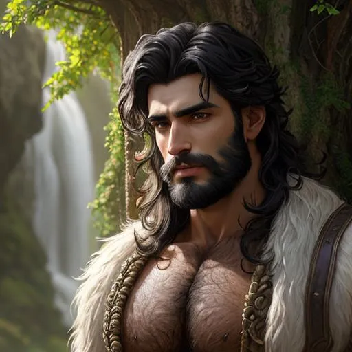 Prompt: Photo of haryana druid with black hair and with very handsome young face, very hairy chest, outdoors, perfect composition, hyperrealistic, super detailed, 8k, high quality, trending on artstation, sharp focus, studio photo, intricate details, highly detailed, by greg rutkowski 
