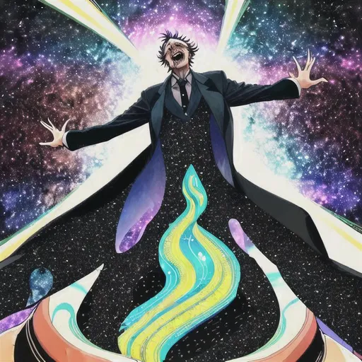 Prompt: crazy man determinedly takes power tell he's at the top of everything in the cosmos 