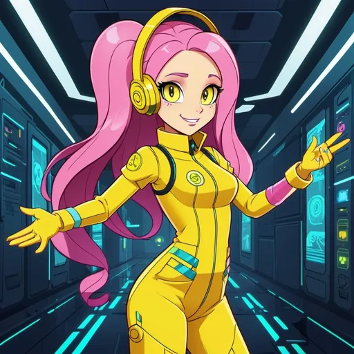 Prompt: cyberpunk equestria girls fluttershy wearing yellow tech jumpsuit