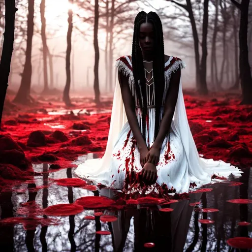 Prompt: Beautiful black Woman blood braids wearing blood-stained white dress, sitting in a puddle of blood, crying ,sad, in a blood bleeding forest background,natural lighting, hyper detailed 

