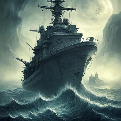 Prompt:  fantasy art style, painting, concrete, smog, fog, evil, warship, naval ship, boat, deep ocean, waves, tsunami, flood, end of the world, apocalypse, dystopian, warfare, robot