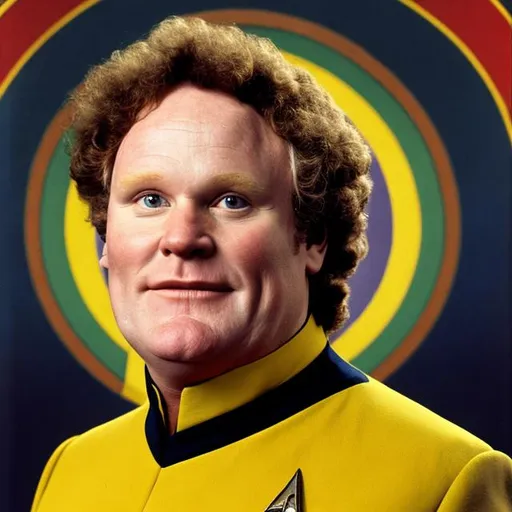 Prompt: A portrait of Colin Baker, wearing a Starfleet uniform, in the style of "Star Trek the Next Generation."