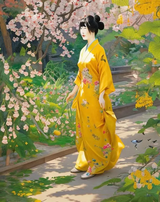 Prompt: A painting of Japanese woman in silky  yellow dress, walking around the garden, multicolor flowers are covering the whole ground, cherries are in bloom, morning sun rays splashing around the garden. 