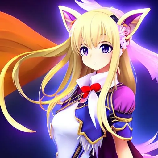 Prompt: Fantasy RPG game, portrait of pretty anime girl, fox ears, claws, a tail, blue eyes, long blonde hair